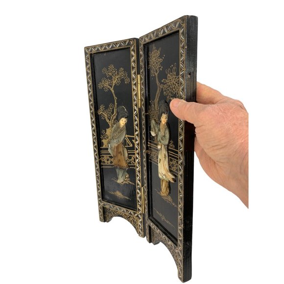 VTG Mini Two Panel Japanese Relief Art Screens Byobu Geishas Decor 6768 - Picture 10 of 16